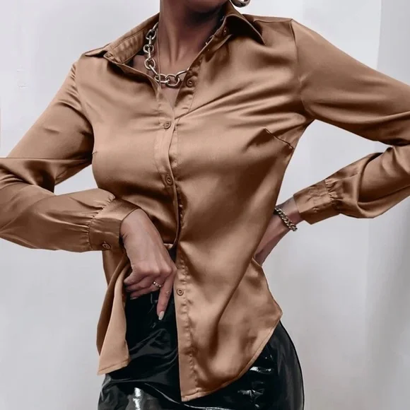 Satin silky button up down shirt sexy business professional casual holiday - Picture 2 of 15